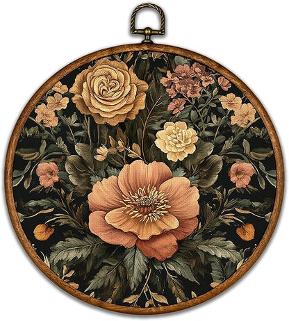 KSDUT Aesthetic Flower Retro Wall Art Decor - Botanical Neutral Mid Century Modern Wall Art Canvas Frame Hanging Prints, Vintage Landscape Round Wall Art Decor for Home Decorations 10"x10"