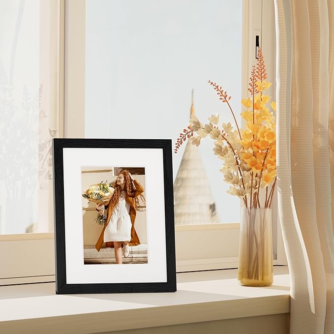 Vittanly 8x10 Picture Frame Set of 4, Display Pictures 5x7 with Mat or 8x10 without Mat, Engineered Wood with Shatter Resistant Plexiglass, Wall Gallery Photo Frames for Wall or Tabletop, Black