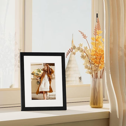 Vittanly 8x10 Picture Frame Set of 4, Display Pictures 5x7 with Mat or 8x10 without Mat, Engineered Wood with Shatter Resistant Plexiglass, Wall Gallery Photo Frames for Wall or Tabletop, Black