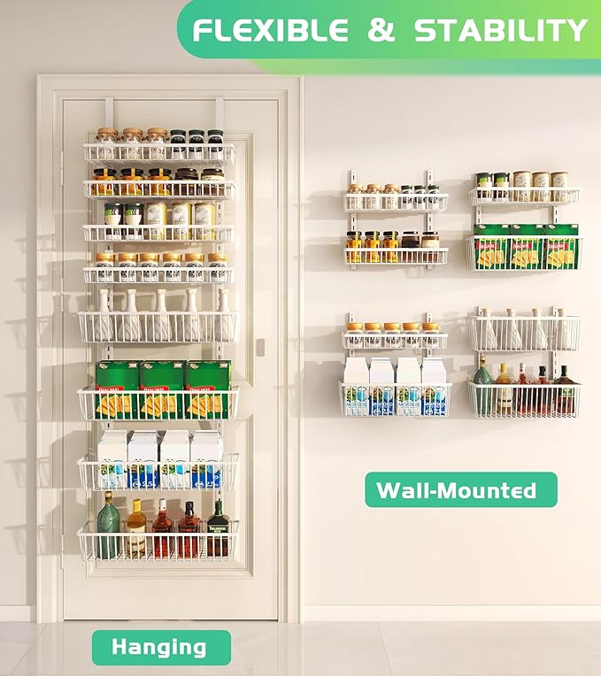 Over The Door Pantry Organizer, Pantry Organization and Storage, 8-Tier Deep Baskets Hanging Heavy-Duty Metal, Wall Spice Rack Seasoning Shelves for Home & Kitchen, Laundry Room Bathroom, White