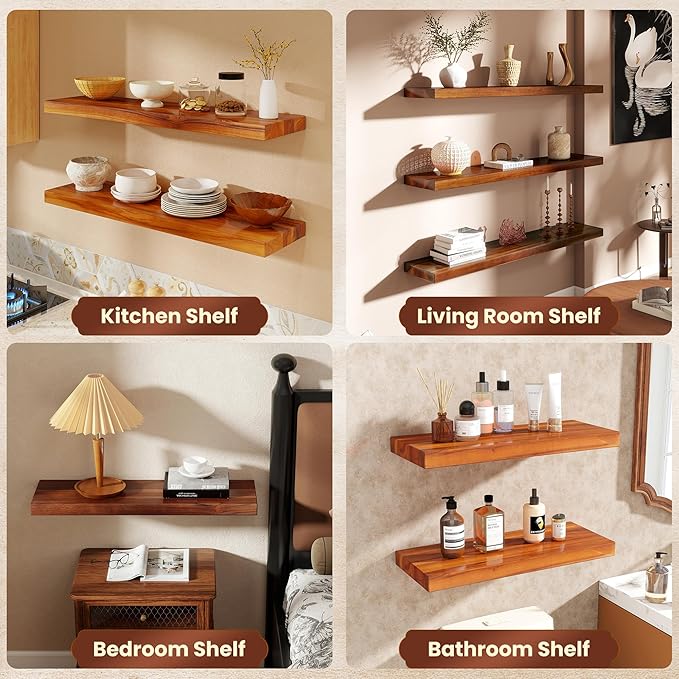 Teak Floating Shelves Set of 2-24 Inch Natural Waterproof Wood Wall Shelves with Invisible Brackets for Bathroom, Kitchen, Balcony - Solid Teak Wood Shelving, Water-Resistant Wall Decor