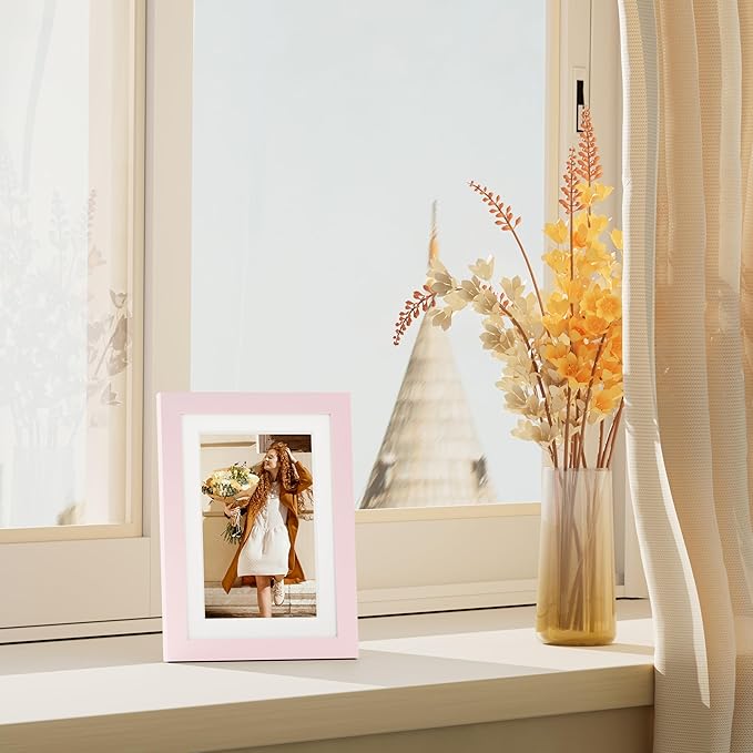 Vittanly 5x7 Picture Frames Set of 4, Display Pictures 4x6 with Mat or 5x7 without Mat, Small Photo Frames for Wall or Tabletop Display, Engineered Wood with Shatter Resistant Plexiglass, Pale Pink