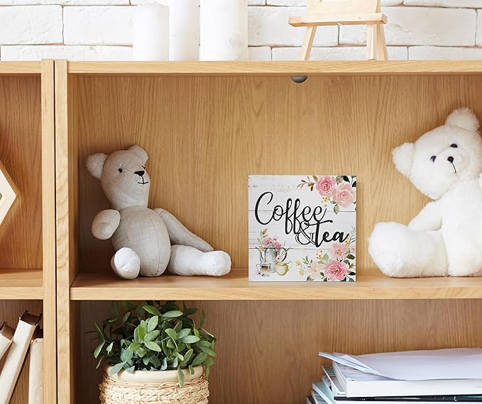 Coffee and Tea Pink Floral Wood Box Sign Desk Decor,Rustic Wooden Block Sign Decorations for Home Kitchen Office Coffee and Tea Bar Wall Tabletop Shelf Decor