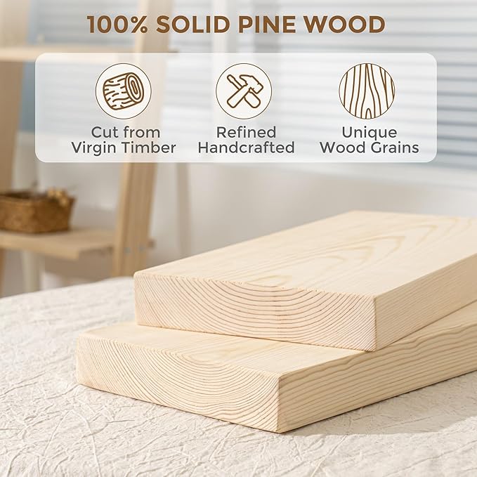 Marsmiles Natural Wood Floating Shelves | Unfinished Wood Wall Shelves Set of 2 | 16" W x 7.7" D x 1.6" H Natural Wooden Shelves for Bathroom Living Room Kitchen