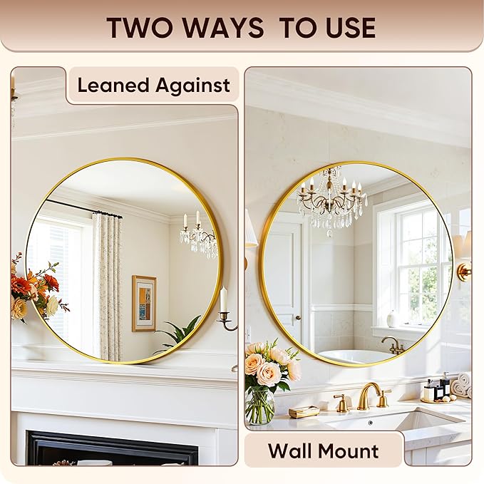 Antok Wall Mirror, 24"x24" Bathroom Vanity Mirror, Anti-Rust HD Tempered Glass, Wall Mounted Mirrors for Living Room, Entryway, Gold Frame, Round