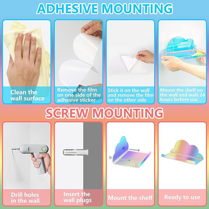 Lesnala 2Pcs Cloud Mini Shelf Iridescent Floating Shelves Acrylic Wall Mounted with Stickers and Screws for Bathroom Bedroom Living Room Office