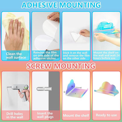 Lesnala 2Pcs Cloud Mini Shelf Iridescent Floating Shelves Acrylic Wall Mounted with Stickers and Screws for Bathroom Bedroom Living Room Office