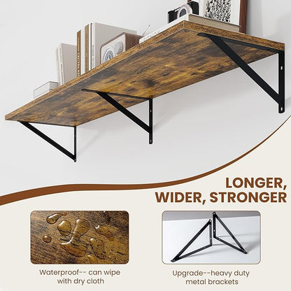 Heimlove Deep Floating Shelves for Wall, 48W x 12D Wood Wall Shelves Set of 2, Wide Floating Bookshelf for Living Room, Kitchen, Office, Bedroom and Decor Storage, with Metal Bracket - Rustic Brown
