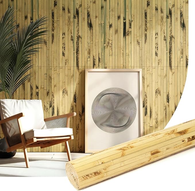 Natural Bamboo Wall Panel for Interior Wall Decor, Renewable Pole Wrap Wainscoting Paneling for Wall Ceiling Furniture Cabinet Office, 48 x 96 Inch, Light Burned