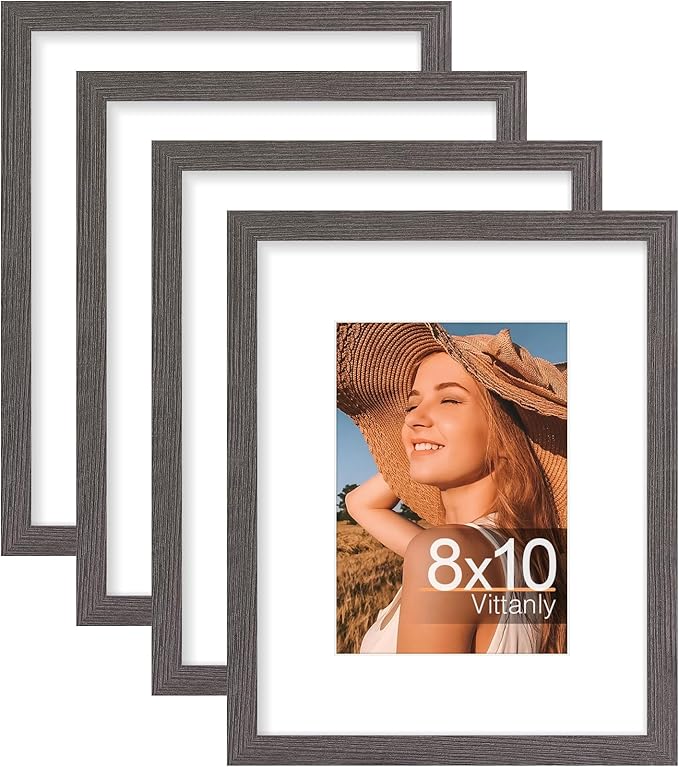 Vittanly 8x10 Picture Frames Set of 4, Display Pictures 5x7 with Mat or 8x10 without Mat, Gallery Frame Set for Wall or Tabletop Display, Engineered Wood with Shatter Resistant Plexiglass, Dark Grey