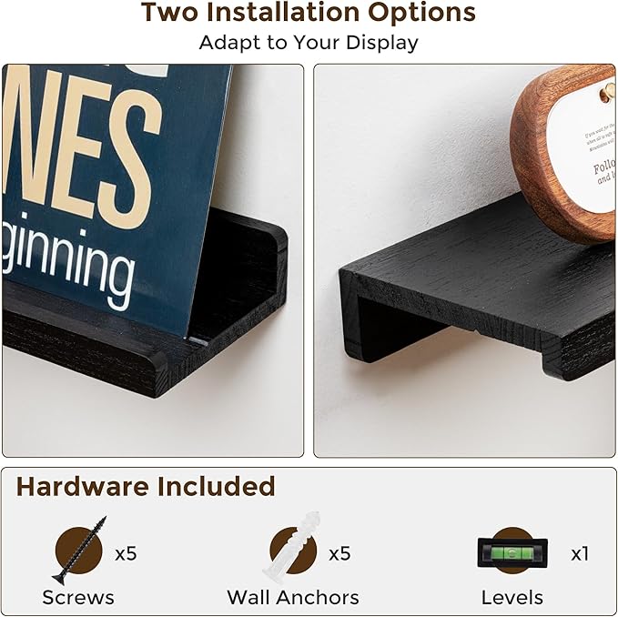 RICHFOCUS Floating Shelves for Wall, 24 inch Solid Wood Picture Ledge Shelf for Wall Storage, Nursery Book Shelves with Lip for Living Room Bathroom Bedroom Kitchen, Set of 2, Distressed Black
