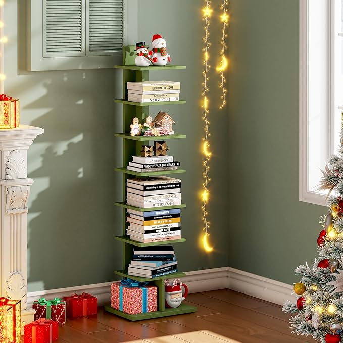 TUTOTAK Bookshelf, 8-Tier Bookcase, Narrow Spine Book Shelf for Small Space, Corner Standing Shelf for Living Room, Office, Study, Entryway, Olive Green BS06BOG008
