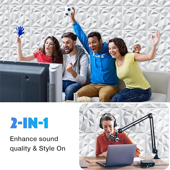 Acoustic 3D Wall Panels, 12 Pack Square Sound Proof Panels for Interior Wall Décor, Hollow Sound Absorbing Panel for Studio, Living Room, Home, Hotel, 12''x12'' Cover 12 sq ft, Thin style, White