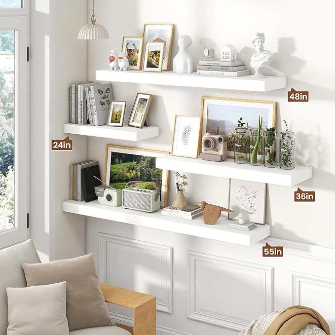 Heimlove Floating Shelves for Wall 55 Inch Long,Extra Large and Thick Wood Shelves Mounted Storage Hanging Shelf Invisible Bracket for Bedroom,Living Room,Kitchen,Office,Set of 2,White