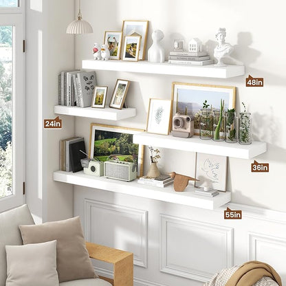 Heimlove Floating Shelves for Wall 48 Inch Long,Extra Large and Thick Wood Shelves Mounted Storage Hanging Shelf Invisible Bracket for Bedroom,Living Room,Kitchen,Office,Set of 2,White