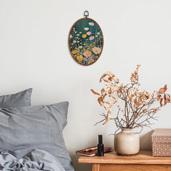 KSDUT Retro Aesthetic Floral Green Wall Art Decor - Botanical Neutral Mid Century Modern Wall Art Canvas Frame Hanging Prints, Vintage Landscape Oval Wall Art Decor for Home Decorations 8.6"x11.4"