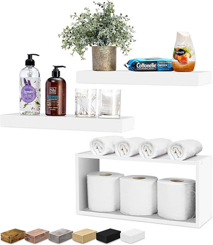 Sorbus Floating Shelves for Wall Set of 3 - Bathroom Shelves for Wall Storage, Over Toilet, Bedroom, Farmhouse, Decor - 2 Floating Shelves with Invisible Brackets & 1 Rectangular Box