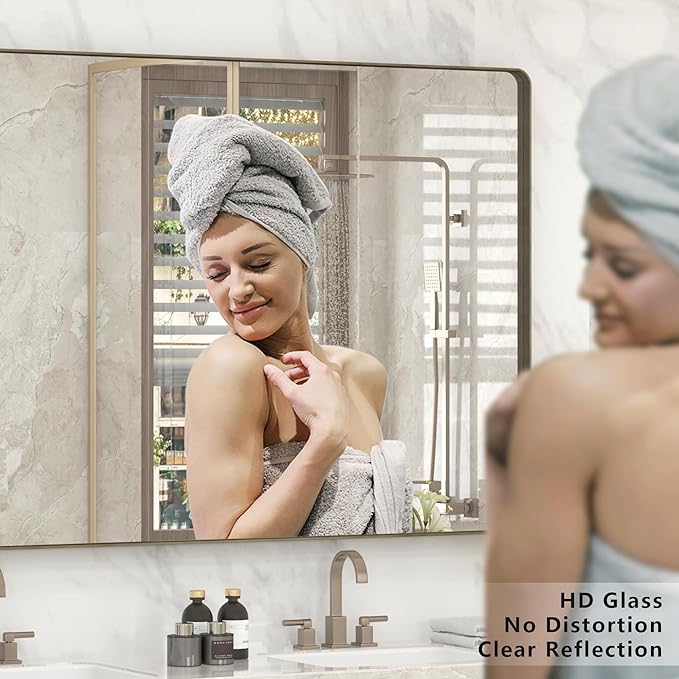 48x32 Bronze Bathroom Mirror, Brushed Bronze Framed Bathroom Vanity Mirror, Rounded Rectangle Mirror for Wall, Shatterproof, Wall Mounted, Anti-Rust (Horizontal/Vertical)
