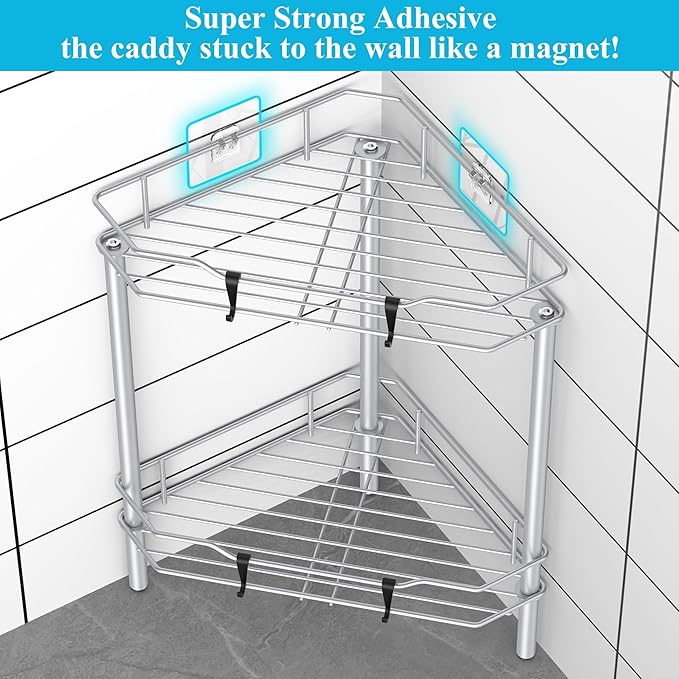 2 Tier Floor Standing Corner Shower Caddy Organizer Shelf with Hooks, Bathroom Shelves Stand Rack, Silver