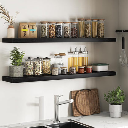 Floating Shelves for Wall, 55"W x 9.3"D x 1.5"H, Long Wooden Wall Mounted Display Shelves with Invisible Brackets for Living Room, Bedroom, Bathroom, Kitchen Decor and Storage, Set of 2, Black