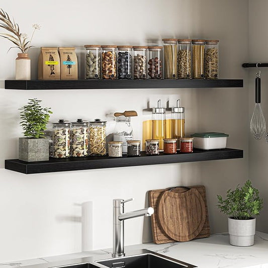 Floating Shelves for Wall, 55"W x 9.3"D x 1.5"H, Long Wooden Wall Mounted Display Shelves with Invisible Brackets for Living Room, Bedroom, Bathroom, Kitchen Decor and Storage, Set of 2, Black