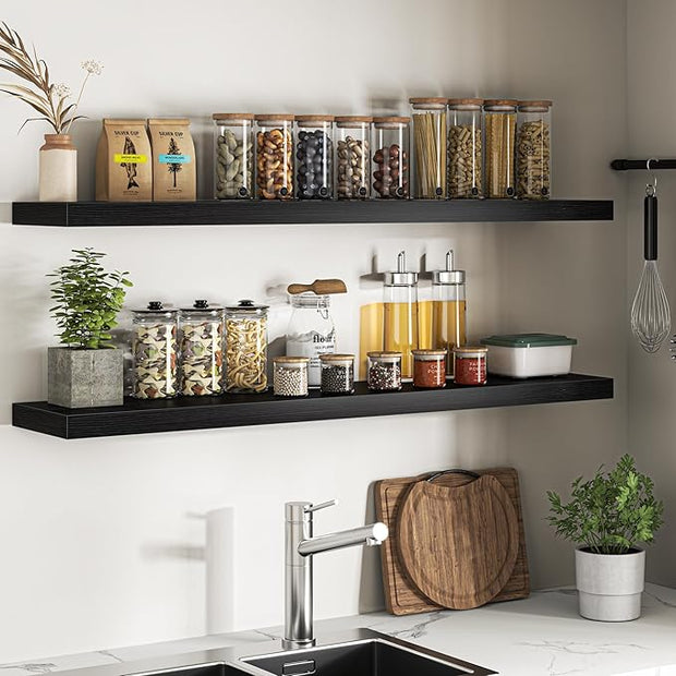 Floating Shelves for Wall, 55"W x 9.3"D x 1.5"H, Long Wooden Wall Mounted Display Shelves with Invisible Brackets for Living Room, Bedroom, Bathroom, Kitchen Decor and Storage, Set of 2, Black