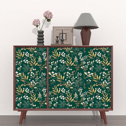 Dark Green Floral Wallpaper Peel and Stick Green Golden Leaf Wallpaper Vintage Floral Contact Paper Waterproof Self Adhesive Boho Delicate Wall Paper for Cabinet Rooms Walls Locker 17.5" x 118"