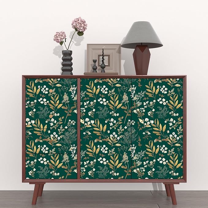 Dark Green Floral Wallpaper Peel and Stick Green Golden Leaf Wallpaper Vintage Floral Contact Paper Waterproof Self Adhesive Boho Delicate Wall Paper for Cabinet Rooms Desk Locker 17.5in x32.8ft