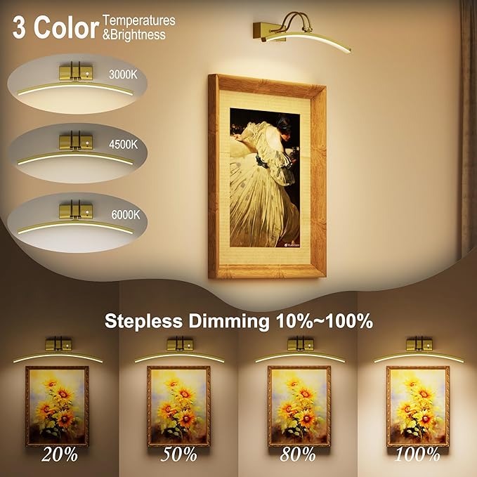 PAIHOME Picture Light for Wall Battery Operated, Rechargeable Magnetic Picture light with Smart Motion Sensor, Remote Dimmable & Timer, ‌16in Gold Wireless Art Lighting for Paintings Gallery Portraits