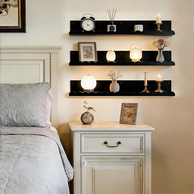 24 Inch Nursery Book Shelves Set of 4, Black Metal Floating Shelves for Wall, Scalloped Cloud Book Shelf for Kids Room, Bathroom, Bedroom, Playroom Wall Decor & Storage