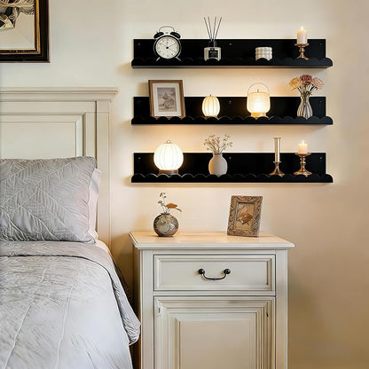 24 Inch Nursery Book Shelves Set of 4, Black Metal Floating Shelves for Wall, Scalloped Cloud Book Shelf for Kids Room, Bathroom, Bedroom, Playroom Wall Decor & Storage