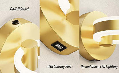 LED Wall Sconces with ON/Off Switch, Gold Rotatable Hardwired Wall Light Fixtures, Built in USB Charging Port, Modern Wall Decor for Bed Lighting.