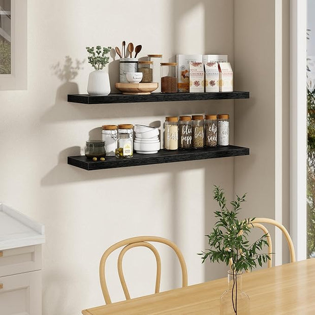 Fun Memories 48 Inch Floating Shelves in Black, 9.3 Inch Deep Wall Shelves for Bathroom, Living Room, Bedroom, Kitchen, Deep Long Shelf Wall Mounted 2 Pack Shelf for Books, Decor