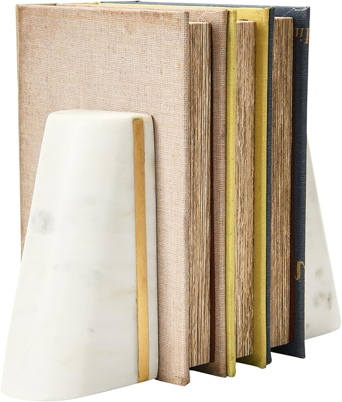 Main + Mesa Geometric Marble Bookends with Brass Inlay, White