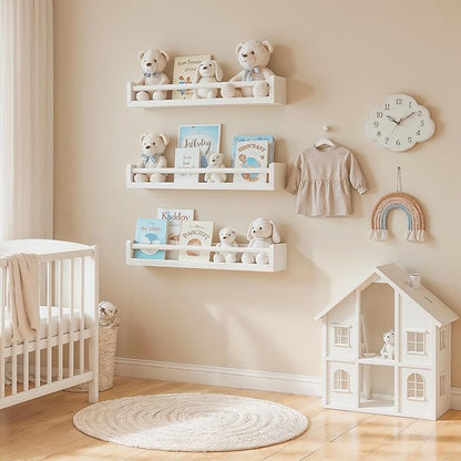 Floating Nursery Book Shelves, 16.5 inch Wall Book Shelves Kids Room, Set of 3 Baby Shelves for Nursery Décor, Ideal Wooden Nursery Shelves for Teens Kids Room, Bedroom Bathroom and Kitchen (White)