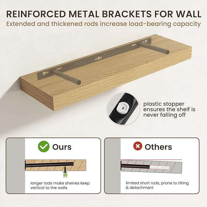 36 Inch Floating Shelves | 6.5 Inch Deep Oak Floating Shelves Set of 2 | 36