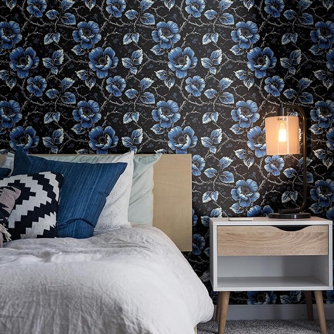 FLFK Vintage Floral Wallpaper Peel and Stick Dark Blue Flower Wallpaper 16