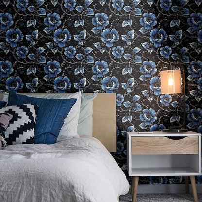 FLFK Vintage Floral Wallpaper Peel and Stick Dark Blue Flower Wallpaper 16" x 256" Removable Self-Adhesive Black Wall Paper for Bedroom Kitchen Office Apartment Decor