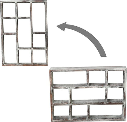 MyGift 9 Compartment Rustic Torched Solid Wood Shadow Box, Wall Mountable Curio Display Case, Freestanding or Floating Shelf for Collectible Figurines, Succulents
