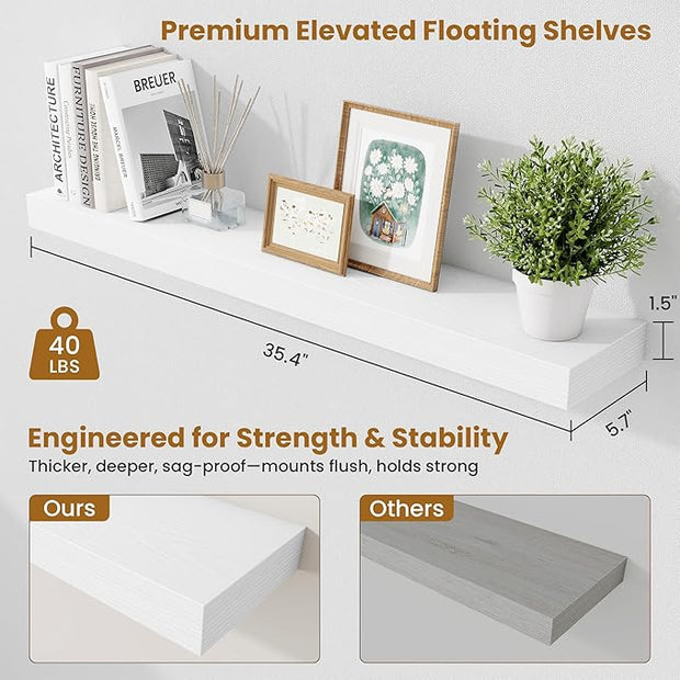Fun Memories Floating Shelves for Room Wall, 36 Inch Long Shelf Set of 2， Hanging Wood Shelves for Storage & Display, White