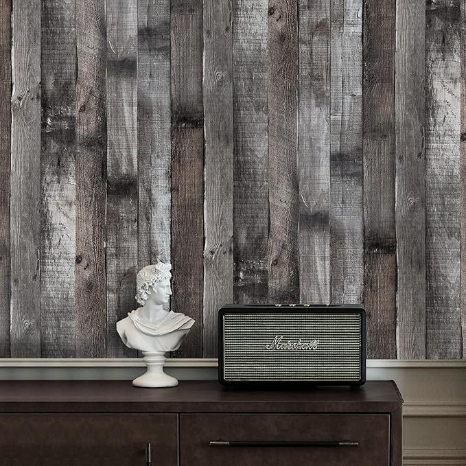 Yun-aeon Natural Wood-Dark Grey Wood Contact Paper Peel and Stick Wallpaper 17.3"x 200"Self Adhesive Removable Vintage Faux Wood Wall Paper Plank Shelf Home Decoration Kitchen Counter Cover Use