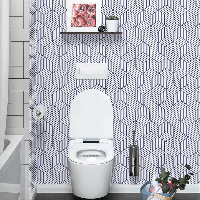WENMER 17.71"x118" Geometric Hexagon Wallpaper Peel and Stick Blue White Contact Paper Geometric Contact Paper Removable Self Adhesive Wallpaper Vinyl Film for Shelf Drawer Home Use