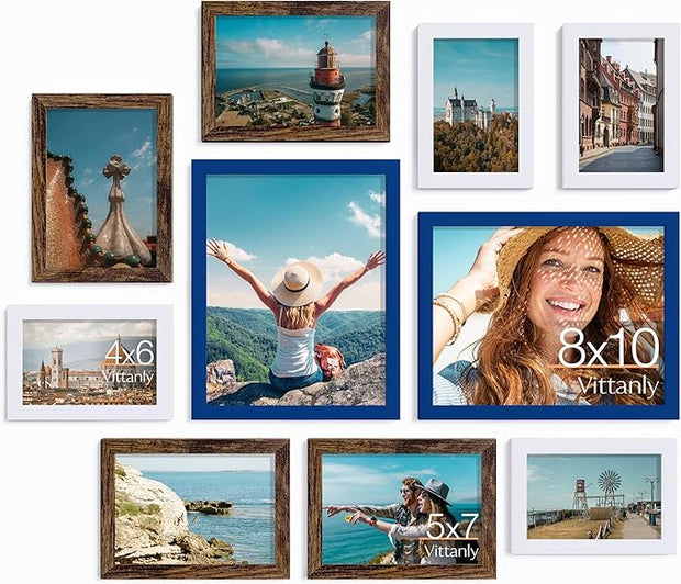 Vittanly Picture Frames Set of 10, Picture Frames Collage Wall Decor with Two 8x10, Four 5x7 and Four 4x6 Photo Frames, Gallery Wall Frame Set for Wall or Tabletop Display, Blue, Brown and White