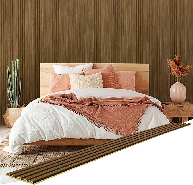 WPC Wainscoting Panels, 16 Packs 54 x 6 Inch 3D Wall Panels for Interior Wall Decor, Living Room, Bedroom, TV Background, Accent Slat Wall Paneling, Light Walnut