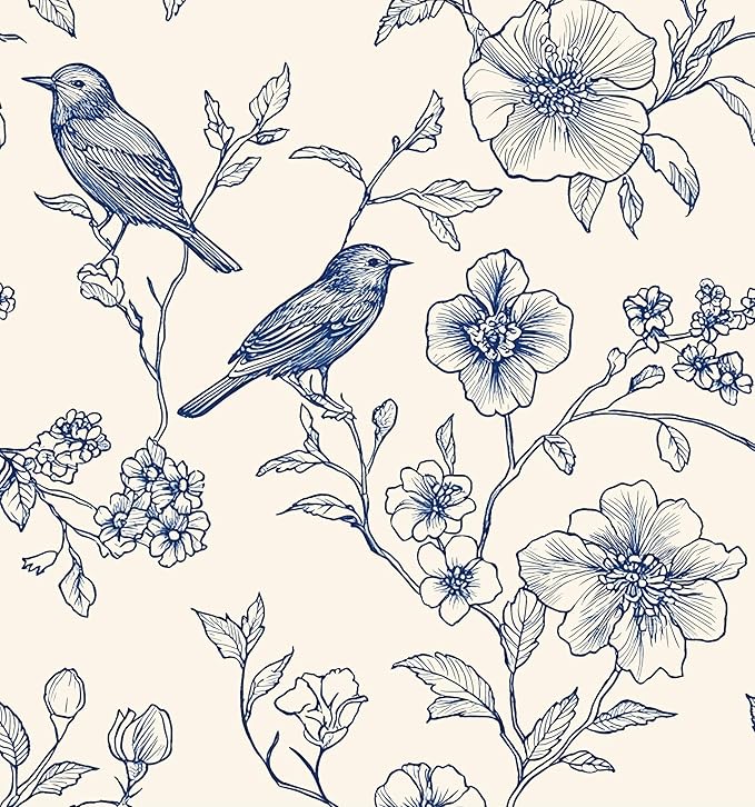 Beige Wallpaper Peel and Stick Blue Floral Bird Vintage Contact Paper 17.5" x 118" Boho Animal Self Adhesive Waterproof Removable for Bathroom Shelves Cabinet Drawer Table Decor Renter Friendly