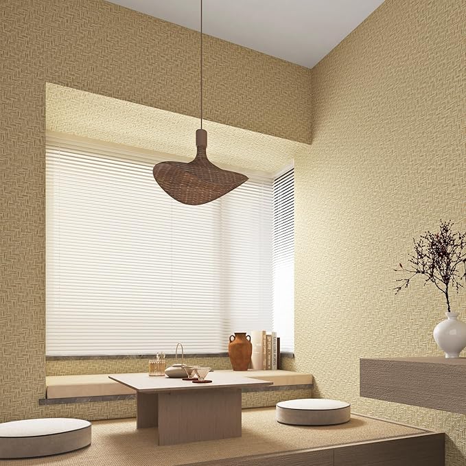 Haimin Fabric Wallpaper Textured Contact Paper (24in X 393in) Grasscloth Wallpaper Peel and Stick Faux Linen Wall Paper Self-Adhesive Vinyl Looks Like Woven Straw (Yellow Beige)