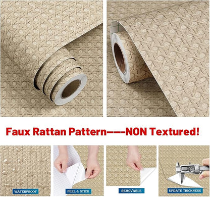 FunStick 24"x200" Beige Taupe Rattan Peel and Stick Wallpaper Vintage Removable Faux Textured Rattan Cane Brown Contact Paper for Kitchen Cabinet Wallpaper Wood Vinyl Wrap for Dresser Bedroom Walls
