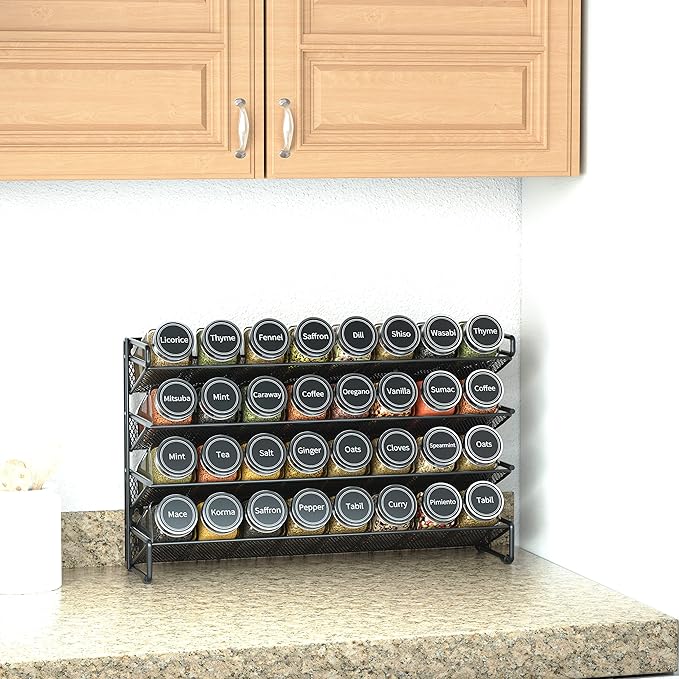 SpaceAid Spice Rack Organizer with 32 Spice Jars, 386 Spice Labels, Chalk Marker and Funnel Set for Cabinet, Countertop, Pantry, Cupboard or Door & Wall Mount - 32 Jars, 15.3
