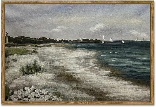 SHENIFY 16x24in Large Vintage Landscape Seascape Framed Canvas Wall Art Seaside Coastal Scenery Classic Hallway Bathroom Office Decor - Natural Framed