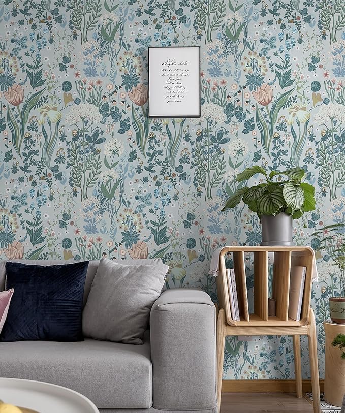 Peel and Stick Wallpaper Vintage Wall Paper Gray Blue Floral Contact Paper Removable Wallpaper 17.3